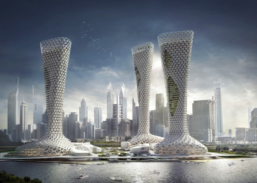Symbiotic Towers by AmorphouStudioInspired by the formation of a desert oasis and a voronoi pattern as found in natural systems, the proposal for the Symbiotic Towers in Dubai seeks to integrate contextual environmental data into a synthesis of forms, skins and public spaces. Consisting of residential, hotel and office towers, connected on the ground level by a double-deck pedestrian shopping plaza, the connecting plaza creates two environments that can be used throughout the different seasons. The towers’ geometry and skins were developed in response to Dubai's climatic conditions. Radiation data of the hottest seasons in Dubai (May-October) were mapped into the geometry and used to shape the form and orientation of each tower. MEA Awards 2017 Shortlist: Concept Design of the Year
